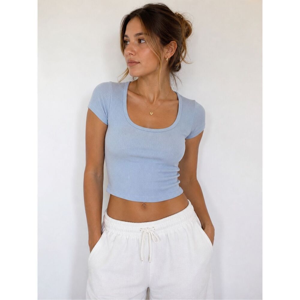 Brandy Melville Blue Ribbed Baby Tee One Size Fitted Y2K Top